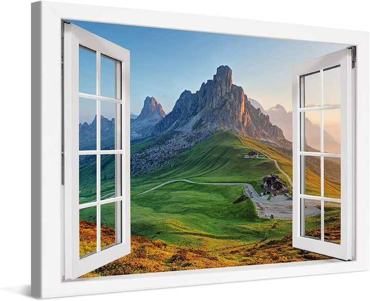PICANOVA – Bild auf Leinwand Felsiger Berg Fenster 120x80cm Leinwandbild – Premium Leinwanddruck – W