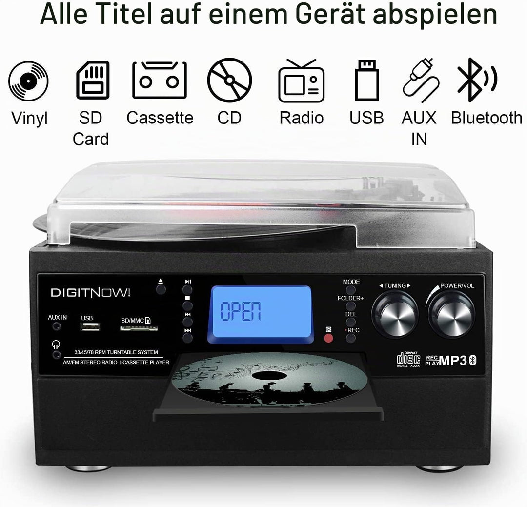 Bluetooth Plattenspieler mit Stereo Lautsprecher, LP Vinyl zu MP3 Konverter, 3 Geschwindigkeit Schal