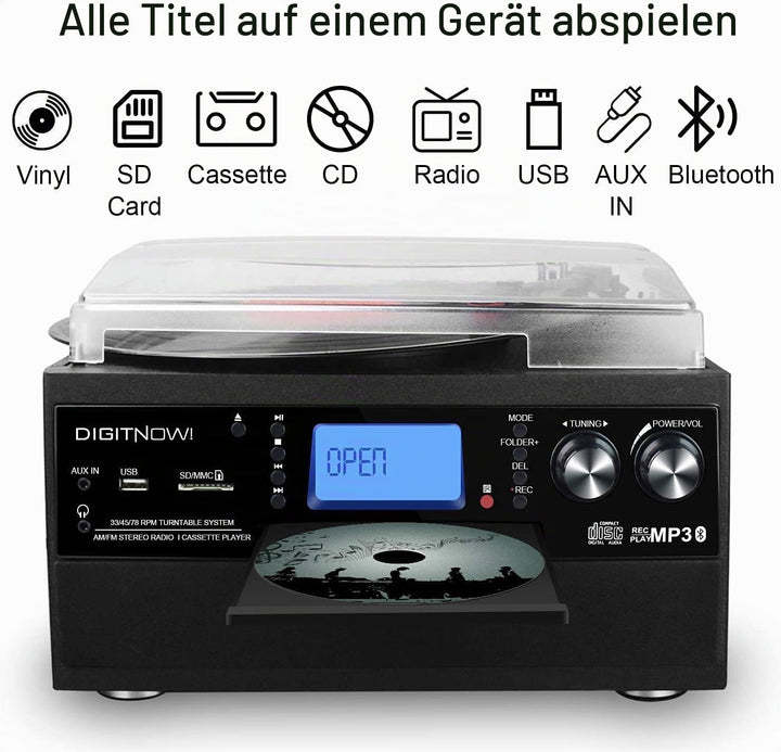 Bluetooth Plattenspieler mit Stereo Lautsprecher, LP Vinyl zu MP3 Konverter, 3 Geschwindigkeit Schal