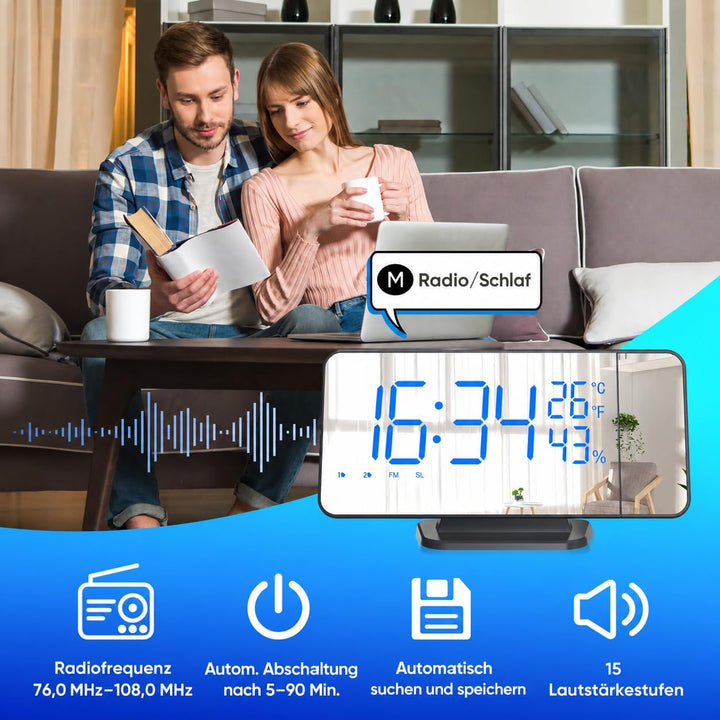 TAKRINK Wecker Digital Radiowecker mit 4 Stufen Bildschirmhelligkeit Projektionswecker mit Temperatu