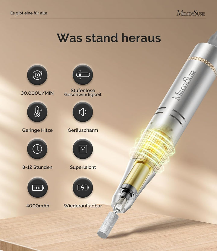 MelodySusie Tragbarer Nagelfräser 30000 RPM, SC320F Professionelle Kabellose Elektrische Nagelfeile