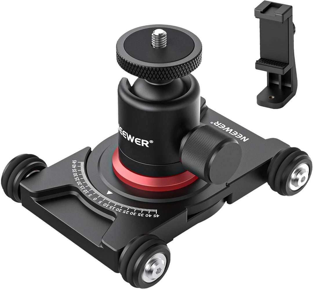 NEEWER Kamera Slider Dolly mit Kugelkopf und Telefonklemme, 4 rädriger Tisch Dolly mit 360° Panorama