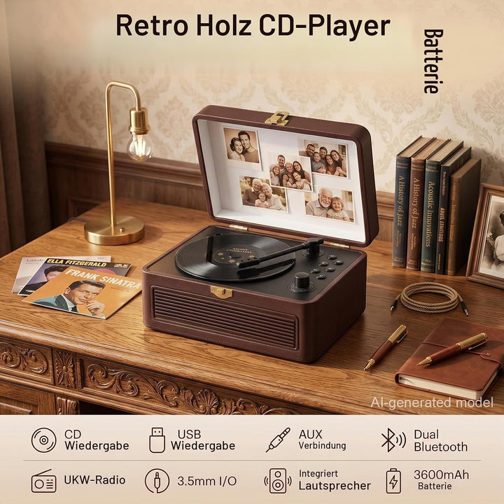 Gueray Tragbarer Bluetooth CD-Player mit Lautsprechern 3600mAh Wiederaufladbarer Vintage CD Spieler