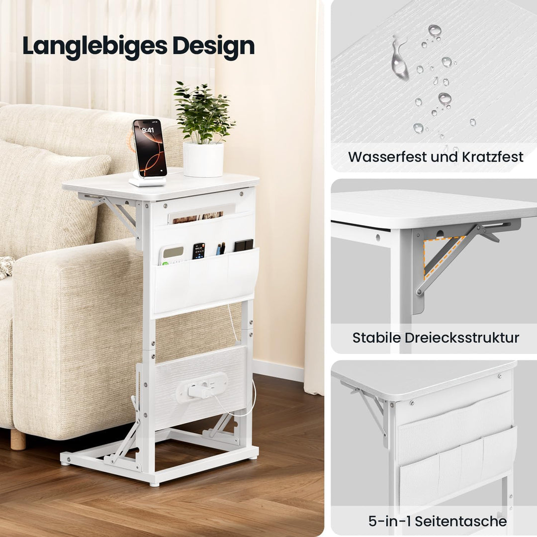 Beistelltisch C Form, Klappbarer Sofatisch mit Steckdosen, Höhenverstellbar Couchtisch mit Metallrah