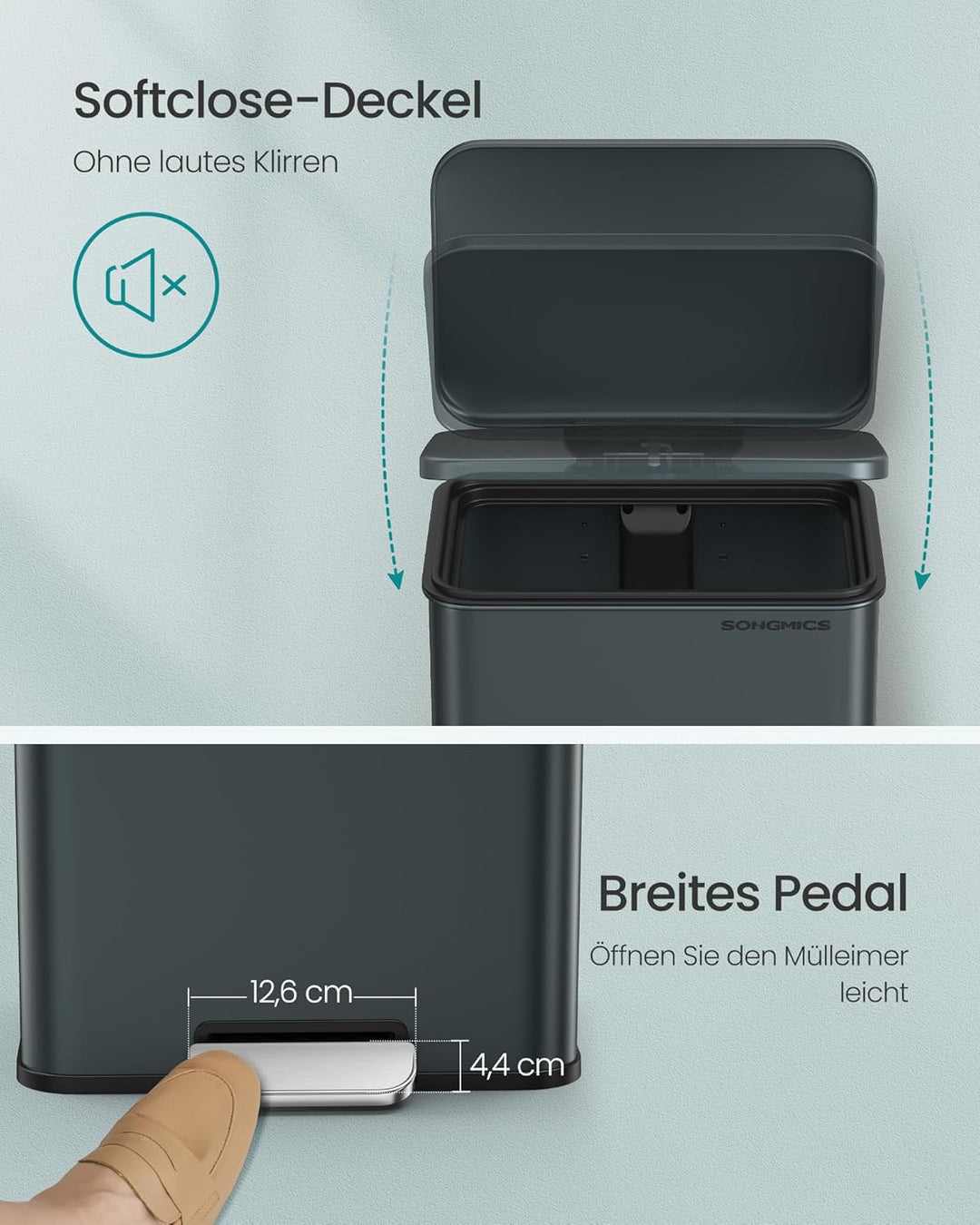 SONGMICS Mülleimer Küche, 40 Liter Abfalleimer, grosser Tretmülleimer, mit Deckel, aus Stahl, Softcl