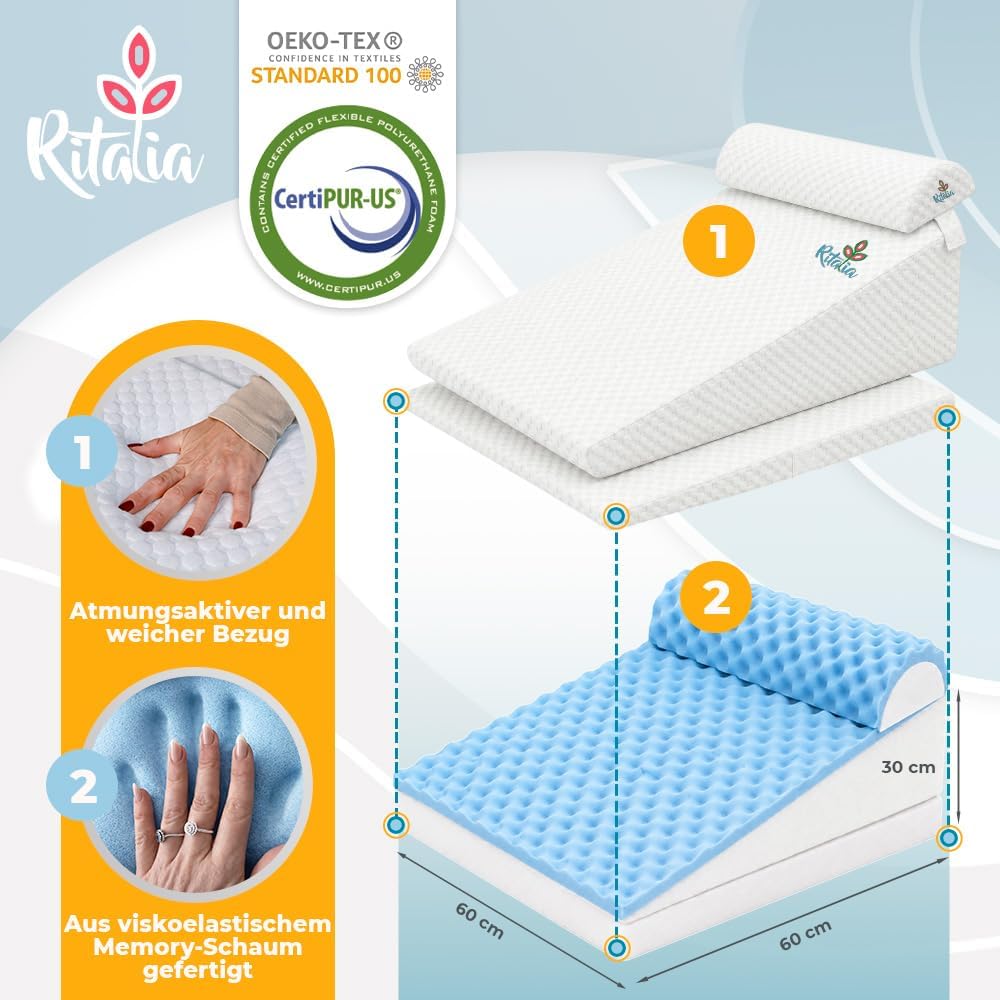 Ritalia® Multifunktions-Keilkissen mit Nackenrolle Grösse 60x60x30 Rückenkissen Kniestütze Beinablag
