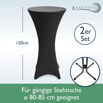 Beautissu 2er Set Stretch Stehtisch Husse Schwarz Ø 80-85 cm Stella – Verstärkung im Fussbereich & 4