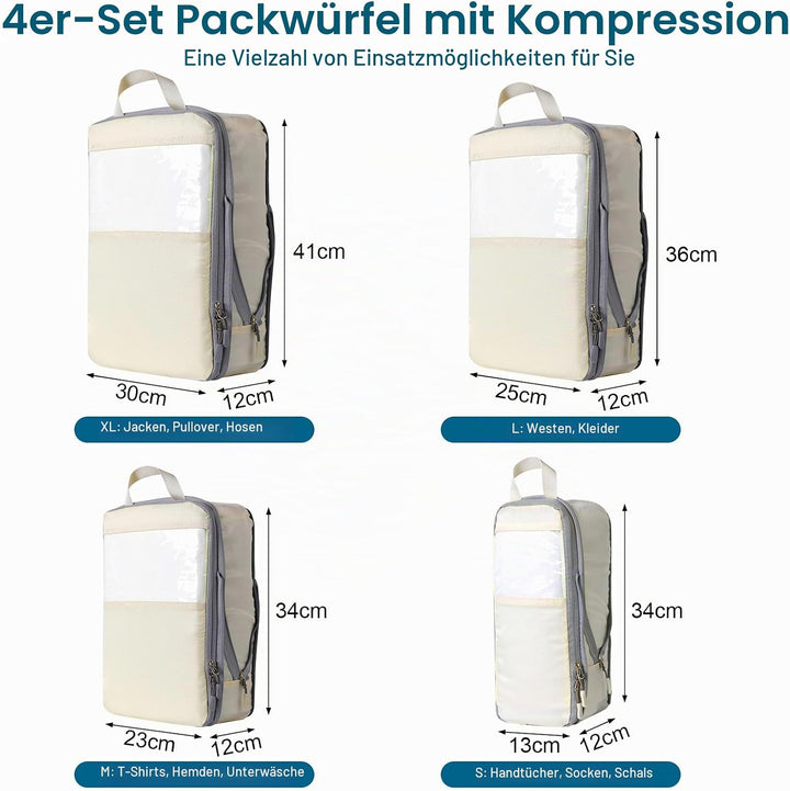 Cozary Koffer Organizer Packing Cubes Compression 4 Stück - Packwürfel mit hohem Fassungsvermögen, T