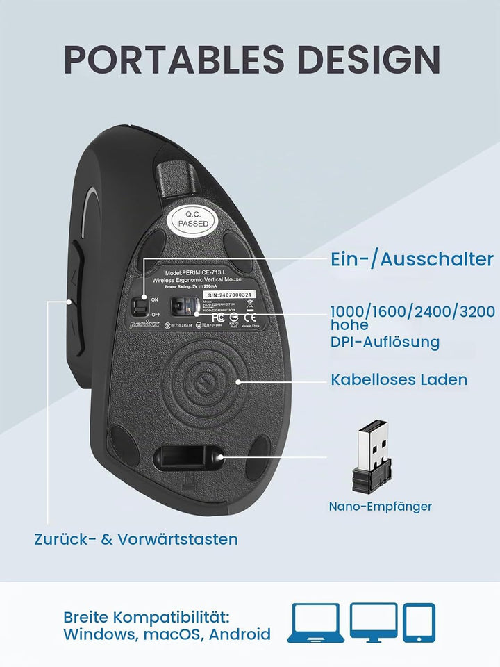 Perixx PERIMICE-713LR – Kabellose, Wiederaufladbare Vertikale Maus für Linkshänder – Duale Ladefunkt