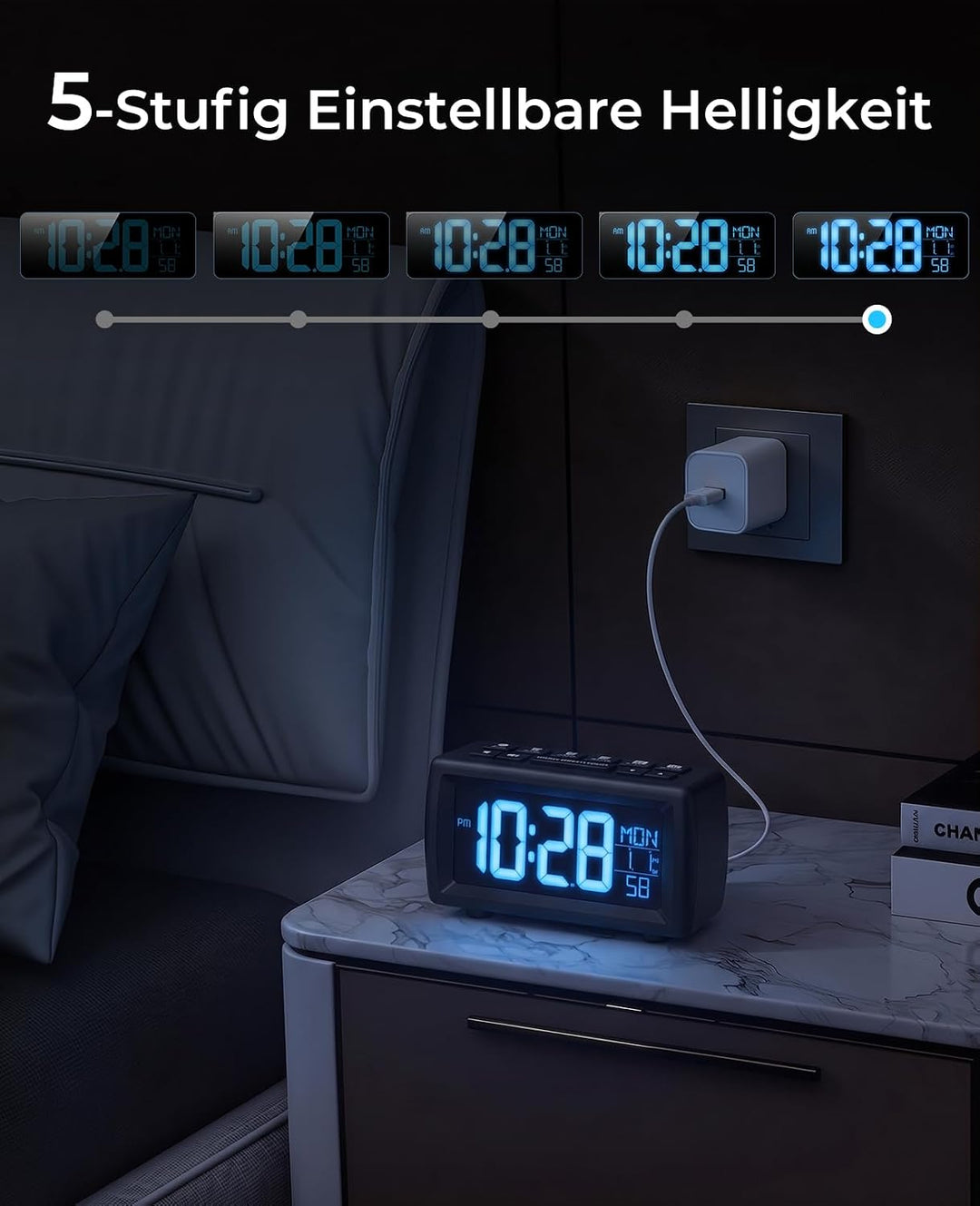 Digitaler Radiowecker, Wecker Radio mit 7-farbige Ziffernanzeige, Einstellbarer Helligkeit und Weckt