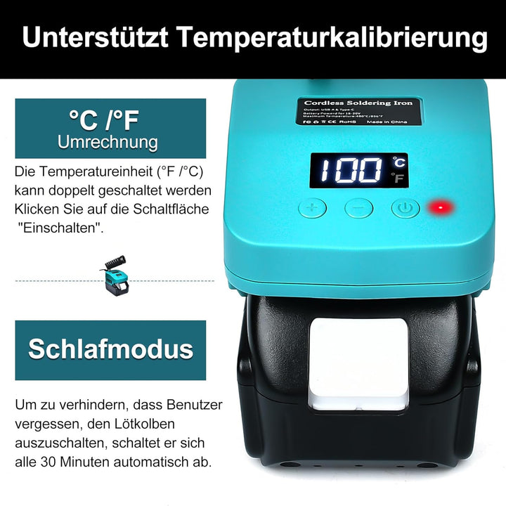 Akku Lötkolben Set kompatibel mit Makita 18V Akku, tragbarer Lötkolben mit USB und Typ-C, einstellba