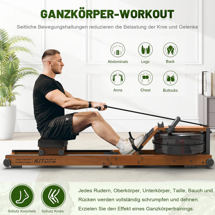 Kitopa Wasser Rudergerät Holz, Rudergerät für Zuhause klappbar mit 30 Tage Kinomap Mitgliedschaft, M