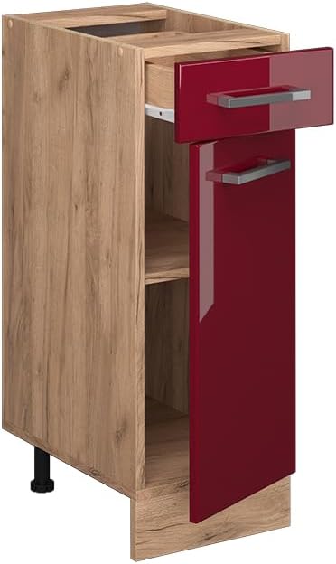 Vicco Küchenunterschrank R-Line, Schubladenschrank für die Küche, Bordeaux Hochglanz, 30 cm AP Marmo