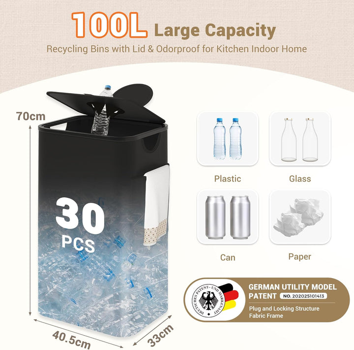 YOUDENOVA 100L Pfandflaschen Sammelbehälter mit Deckel & Geruchsdicht, Mülleimer Küche, Flaschensamm