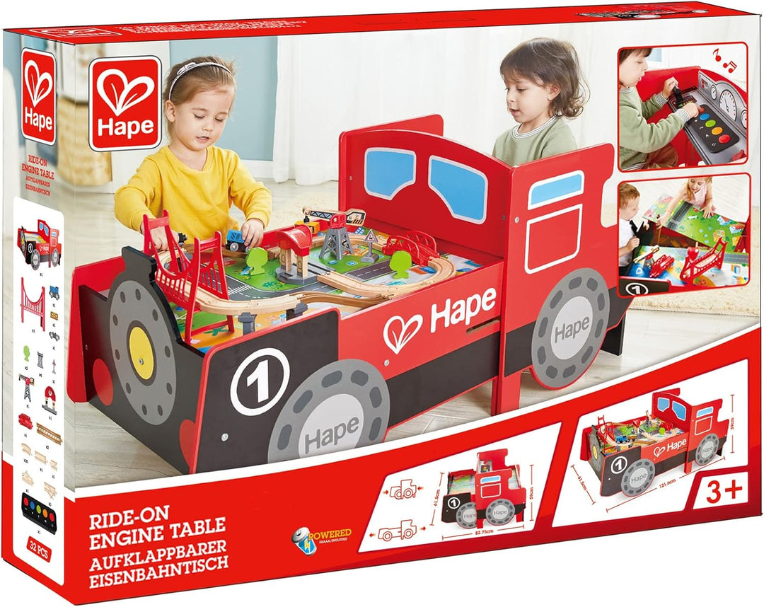 Hape Aufklappbarer Eisenbahntisch | Eisenbahn Spielset aus Holz | Verstaubarer Tisch | Sounds & Lich