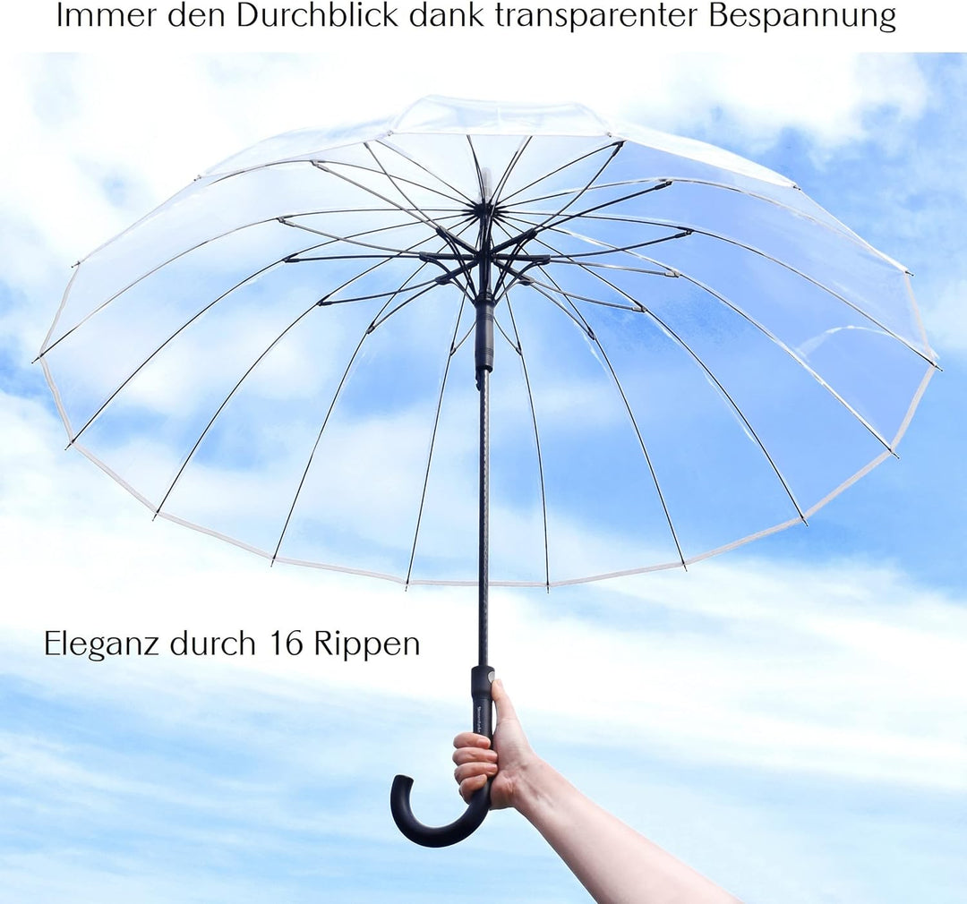 Sternenfunke Regenschirm transparent gross XXL Ø110 cm 16-Rippen Komfort-Druckknopf | Durchsichtiger