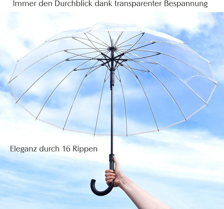 Sternenfunke Regenschirm transparent gross XXL Ø110 cm 16-Rippen Komfort-Druckknopf | Durchsichtiger