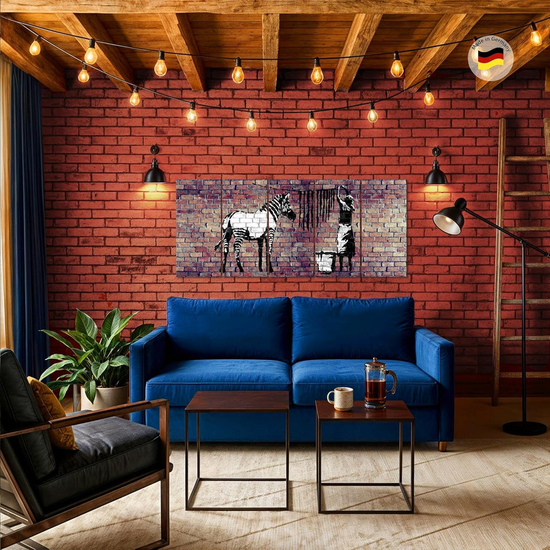 Runa Art Wandbild XXL Banksy Washing Zebra Loft Wohnzimmer 200 x 80 cm Braun 5 Teilig - Made in Germ