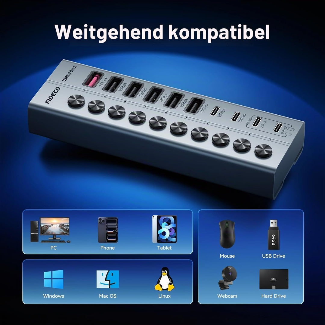 FIDECO 10 Ports USB Hub mit Netzteil, USB Hub Aktiv mit 1 BC1.2, 2 PD 45W Charging Port und 7 USB 3.
