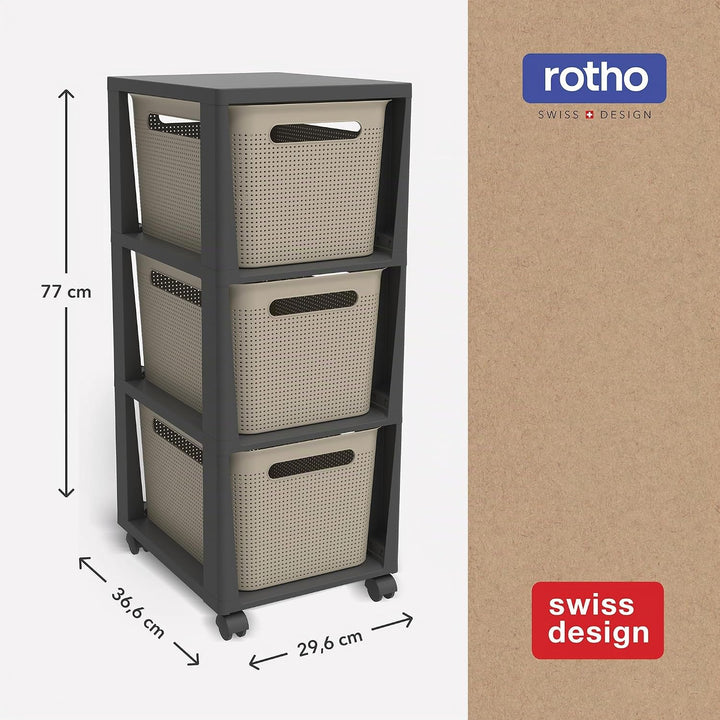 Rotho Brisen Rollcontainer mit 3 Schubladen, Kunststoff (PP recycelt), Cappuccino, 3 x 16 l (36,6 x