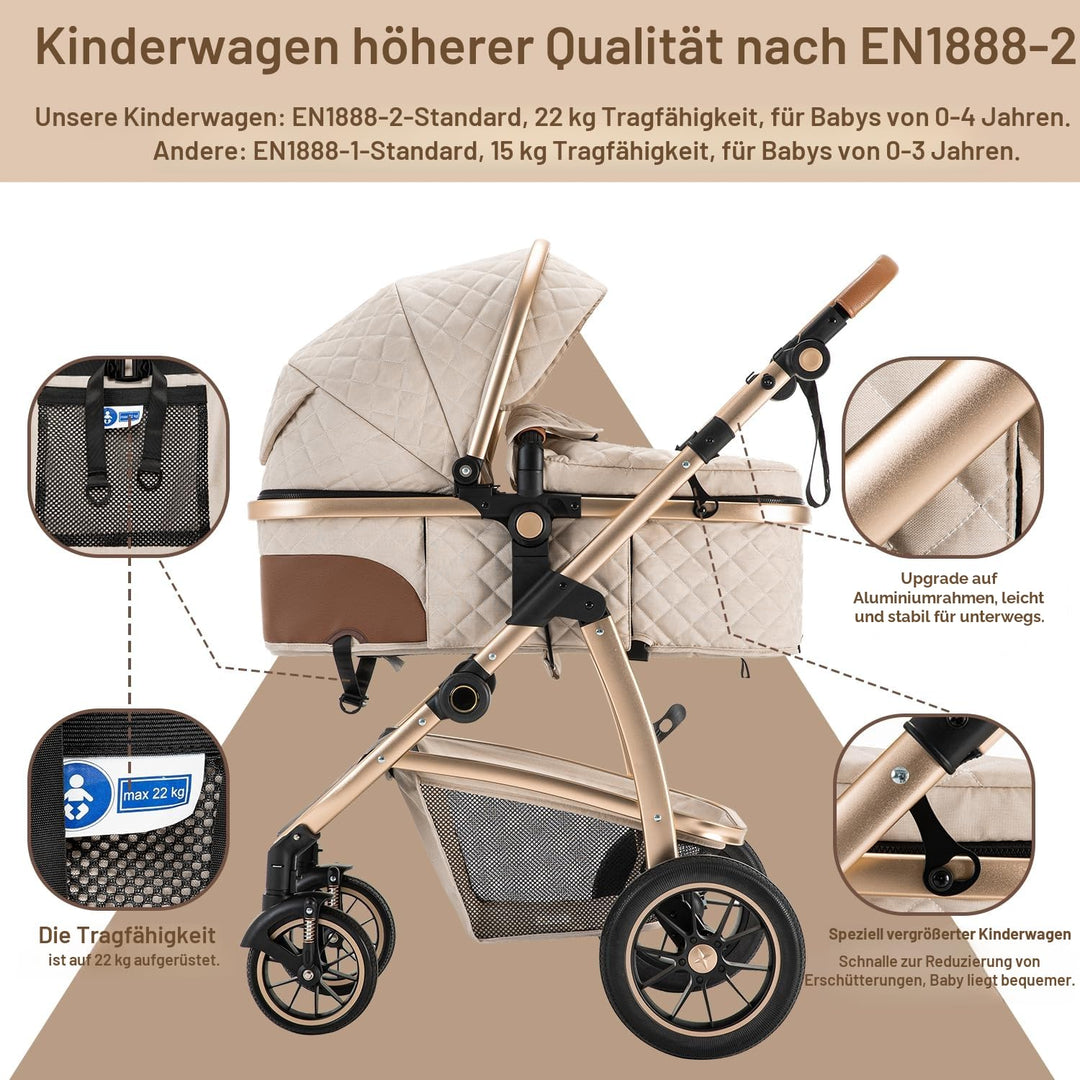 Gcarebb 3 in 1 Kinderwagen Reisesystem, Kinderwagen mit höhenverstellbarem Griff, Reisewagen mit Mos