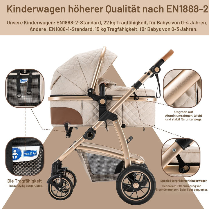 Gcarebb 3 in 1 Kinderwagen Reisesystem, Kinderwagen mit höhenverstellbarem Griff, Reisewagen mit Mos