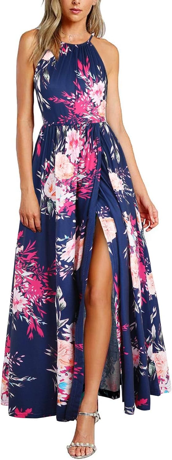 KILIG Damen Sommerkleid Lang Elegant Sommer Neckholder Kleid Hochzeitsgast Maxikleid Partykleid Schl
