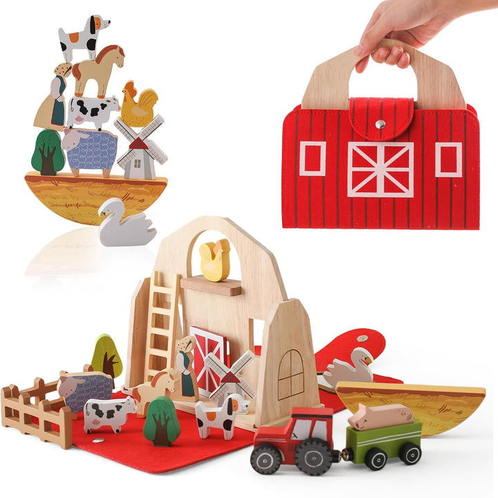 Youuys Holzspielzeug Baby Bauernhof Tiere Spielzeug Set Faltbar, Montessori Spielzeug, Bauernhof Pre