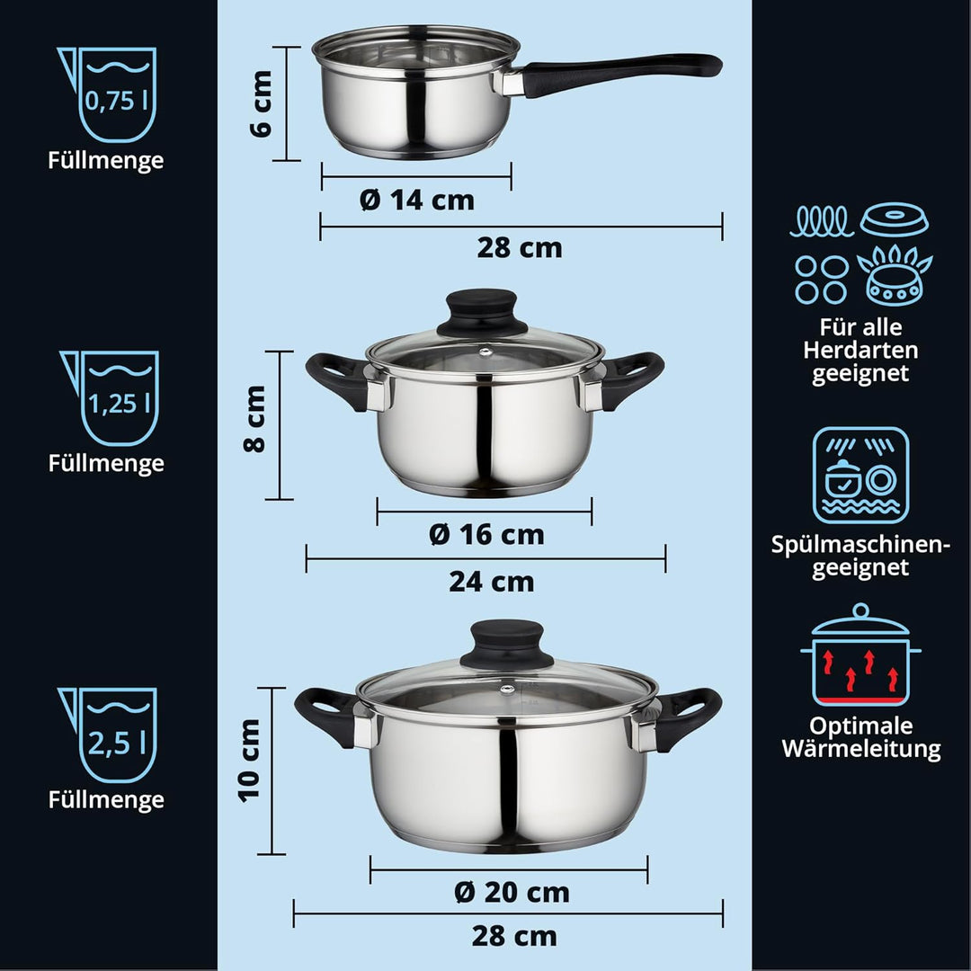 KHG Topfset 3-teilig Edelstahl Induktion, Kochtopf 16 cm, 20 cm mit Glasdeckel, Kasserolle 14 cm - T