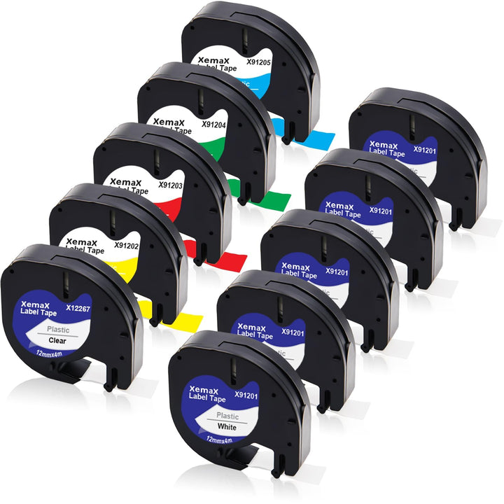 10x XemaX Etikettenband Ersatz für Dymo LetraTag Etikettenband 12mm x 4m 16951 91221 91222 91223 912