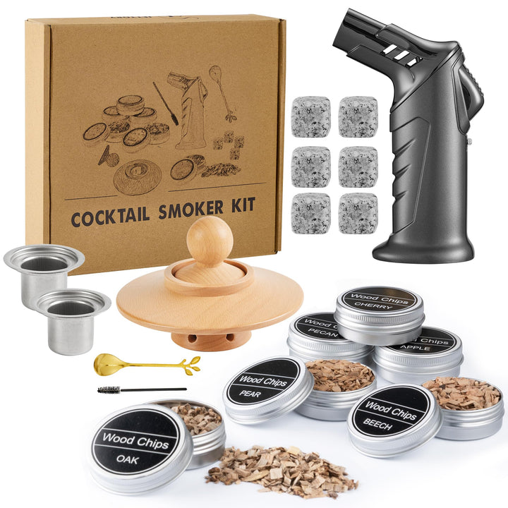 Cocktail Räucherset mit Fackel - Whiskey Smoker Kit mit 6 Holzspäne & 6 Granit Whiskey Steine - Old