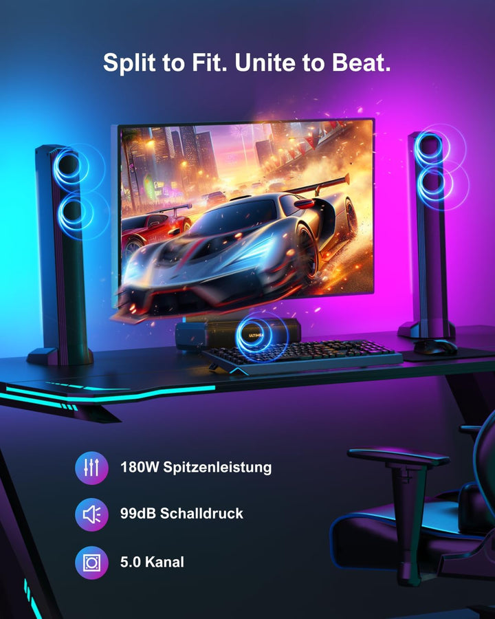 ULTIMEA 5.0ch Soundbar für TV Geräte, Soundbar mit RGB-Beleuchtung für Heimkino, teilbare TV Soundba