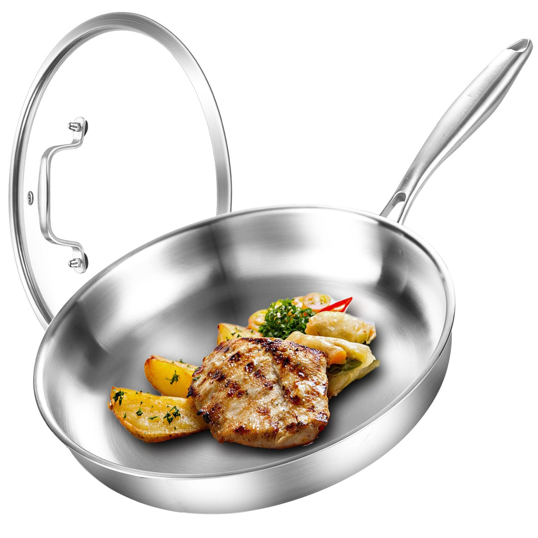 Dreilagige Edelstahl Bratpfanne mit Deckel 24cm,Edelstahlpfanne Unbeschichtet,Induktions Pfanne,Hoch