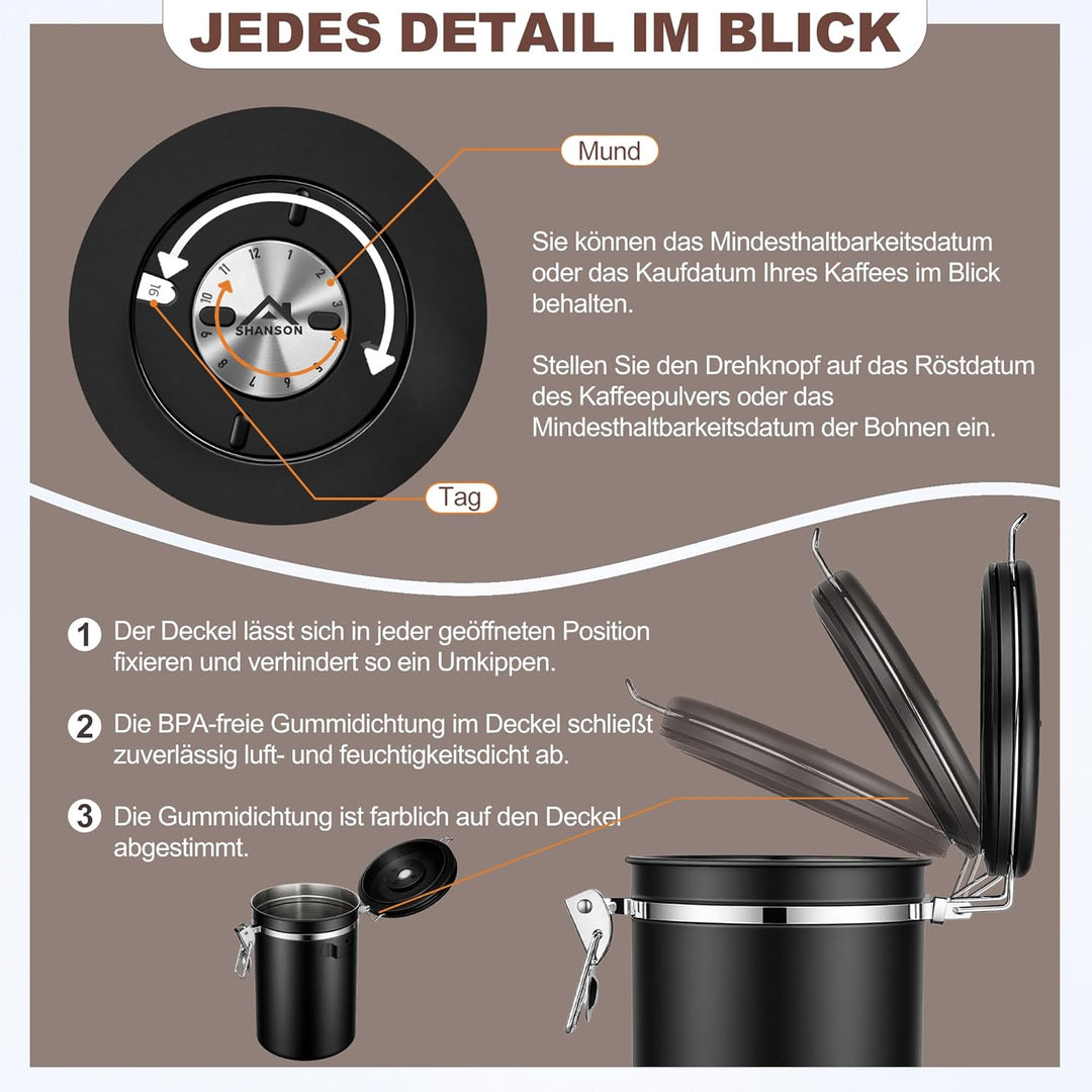 ShanSon Kaffeedose Luftdichtes Kaffee-Container Edelstahl-Kaffee-Lagerbehälter mit Messlöffel Kaffee