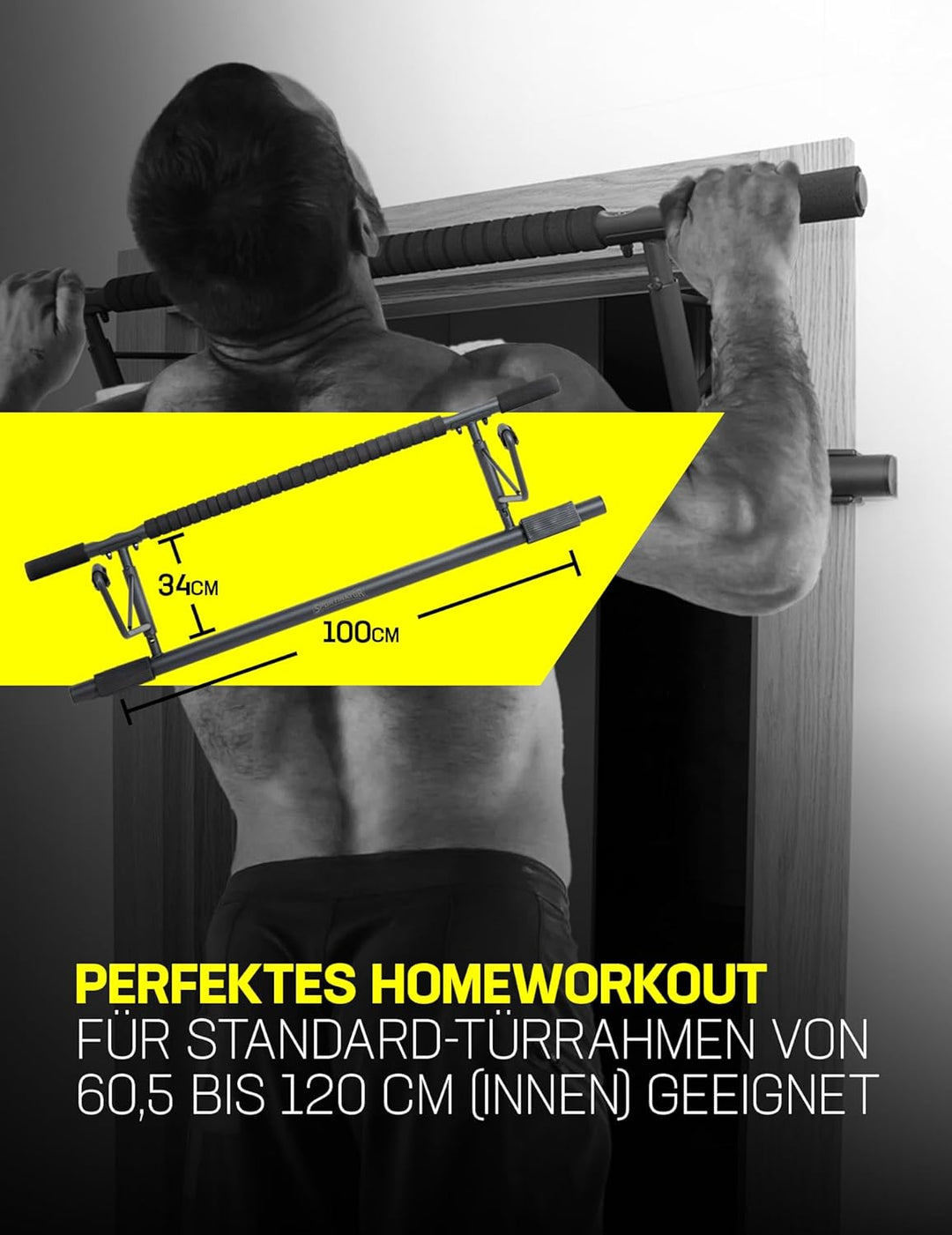SPORTINATOR® Klimmzugstange für jeden Standard Türrahmen, Masse 100 x 27 x 34 cm, mit gepolsterten G