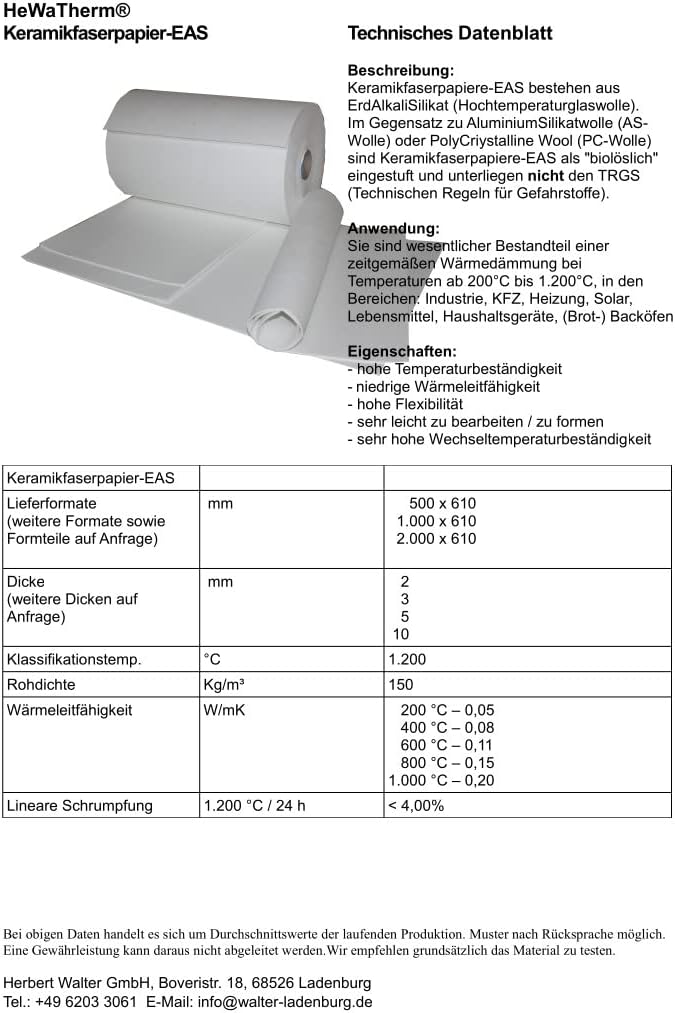 Keramikfaserpapier 1200°C Dichtung/Isolierung für Holzbacköfen Steinbacköfen (1 Matte - 500x300x5mm)