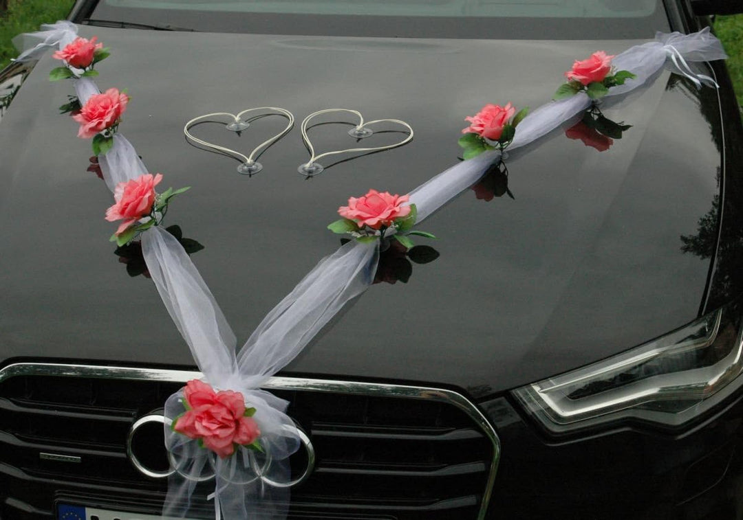 Organza M + Schleife Auto Schmuck Braut Paar Rose Deko Dekoration Autoschmuck Hochzeit Car Auto Wedd