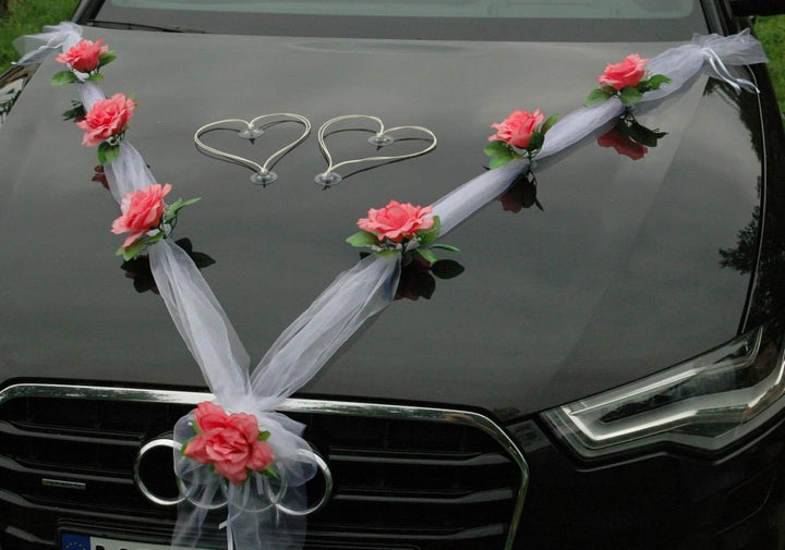Organza M + Schleife Auto Schmuck Braut Paar Rose Deko Dekoration Autoschmuck Hochzeit Car Auto Wedd