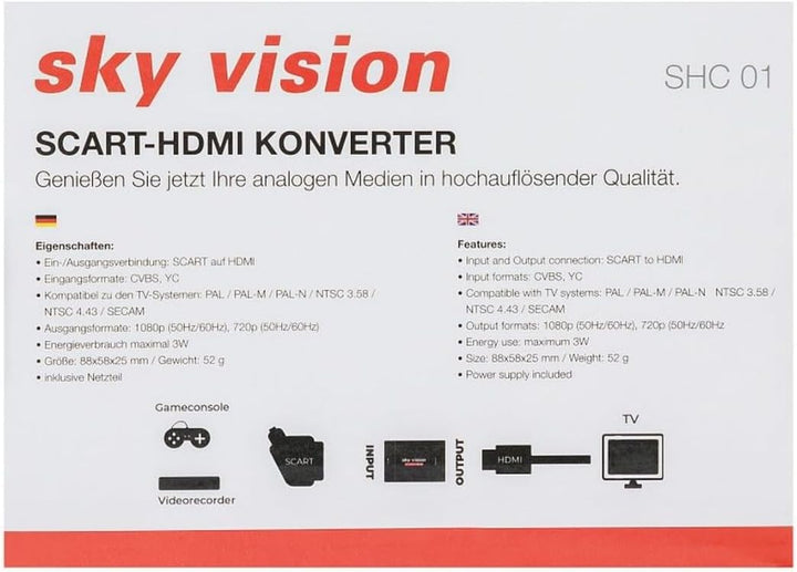 Sky Vision SCART auf HDMI Konverter, SCART Wandler, SCART zu HDMI Adapter, PAL und NTSC Unterstützun