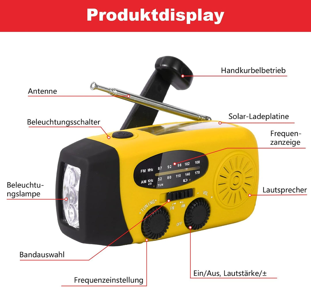 Kurbelradio,Notfallradio mit Kurbel und Solar,AM/FM/WB-Empfang,USB-Ladefunktion,LED-Beleuchtung,IP3X