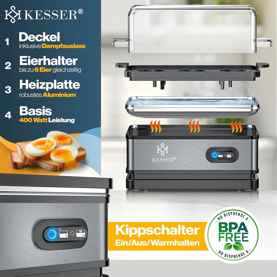 KESSER® Eierkocher für 1 bis 6 Eier elektrisch aus Edelstahl 400W & Warmhaltefunktion | Kipp-Funktio