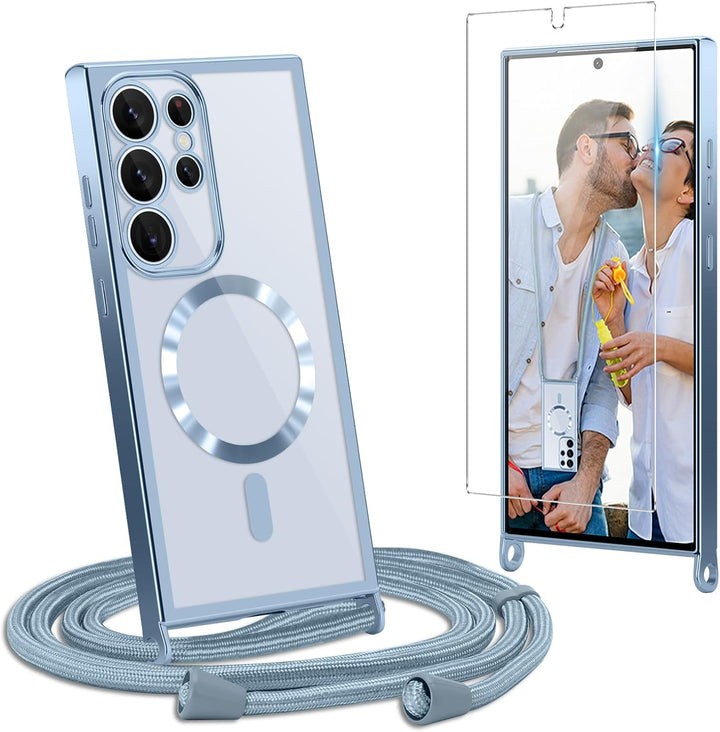 für Samsung Galaxy S24 Ultra Hülle mit Band + 1 Schutzfolie, Blau | Handyband Transparent Silikon Ha