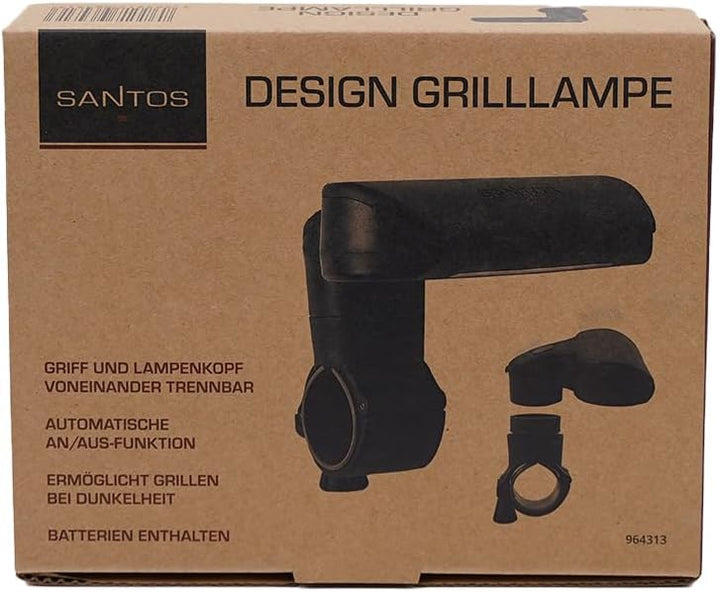 SANTOS Design Grilllampe – Abnehmbarer Lampenkopf – Automatische An/Aus-Funktion – 50 lm – 3.000 K –