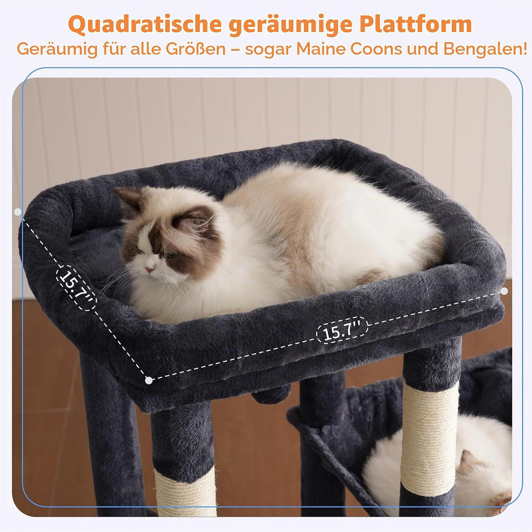 Heybly Kratzbaum 120cm - Grosser Katzenbaum für Erwachsene Katzen mit XL-Basis, Katzenwohnung mit Me