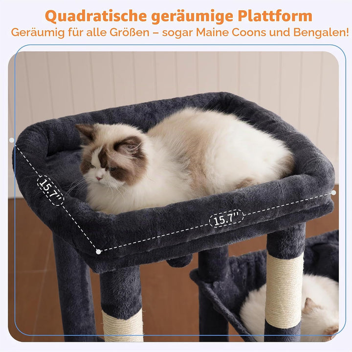 Heybly Kratzbaum 120cm - Grosser Katzenbaum für Erwachsene Katzen mit XL-Basis, Katzenwohnung mit Me
