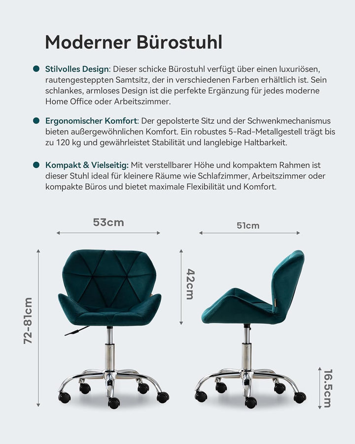 HNNHOME Eris Schreibtischstuhl, moderner, gepolsterter Samt, Drehstuhl, aus Stoff, höhenverstellbar