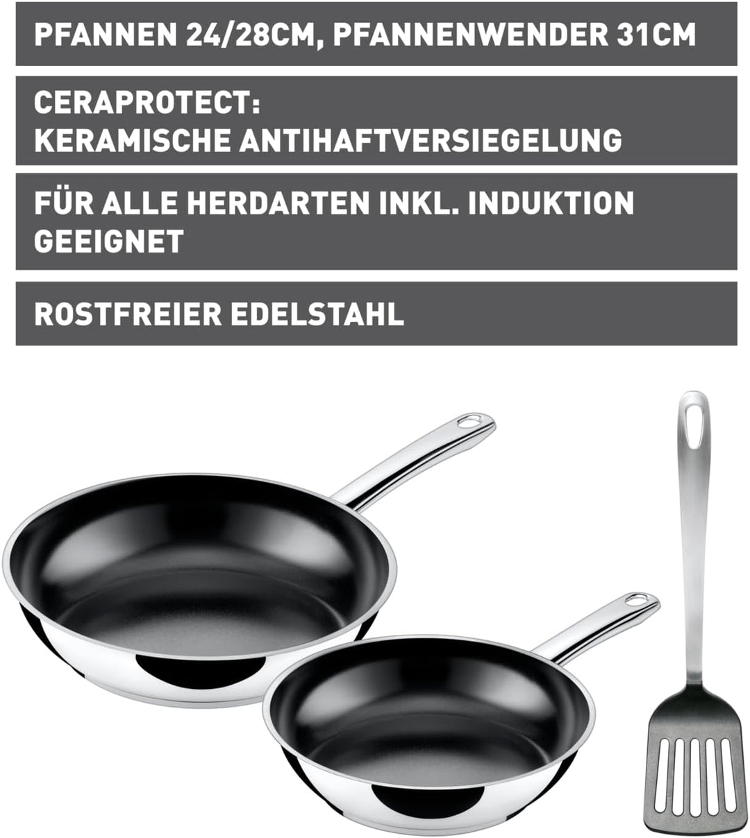 Silit Talis Pfannenset 3-teilig, mit Pfannenwender, Bratpfanne 24, 20 cm, Pfanne Induktion, Edelstah
