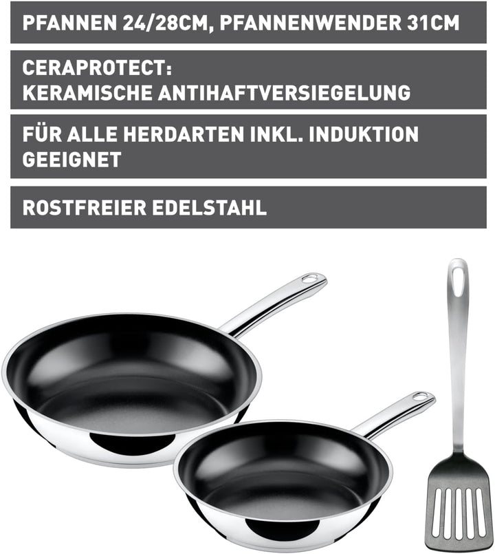 Silit Talis Pfannenset 3-teilig, mit Pfannenwender, Bratpfanne 24, 20 cm, Pfanne Induktion, Edelstah