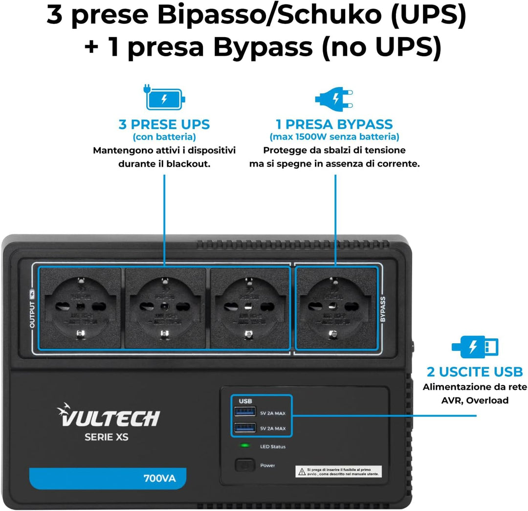 VulTech UPS700VA-XS UPS Steckdosenleiste 700VA/390WA, unterbrechungsfreie Stromversorgung, Line-Inte