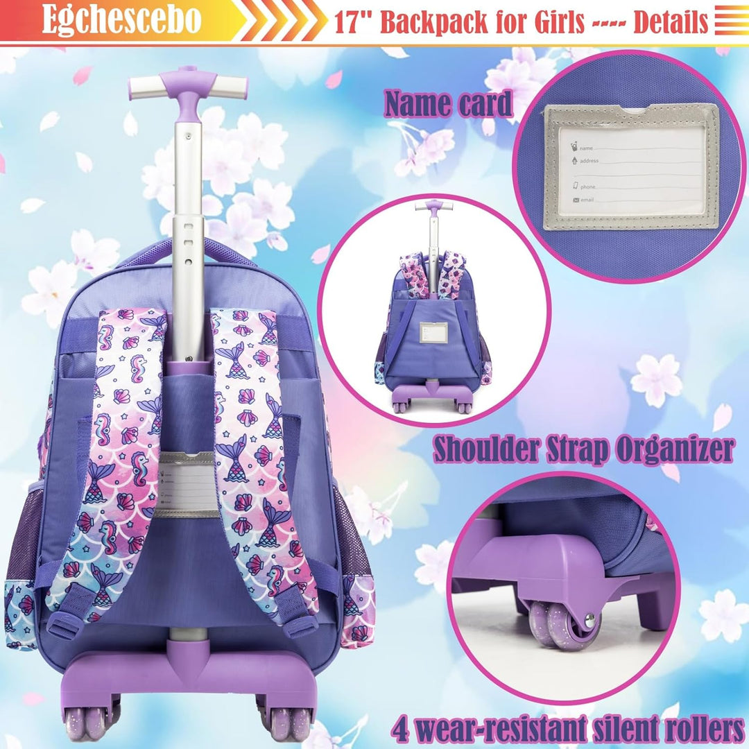 Egchescebo Kinder Rolling Rucksack für Mädchen Fischschwanz Koffer Trolley Roller Gepäck Rucksäcke a